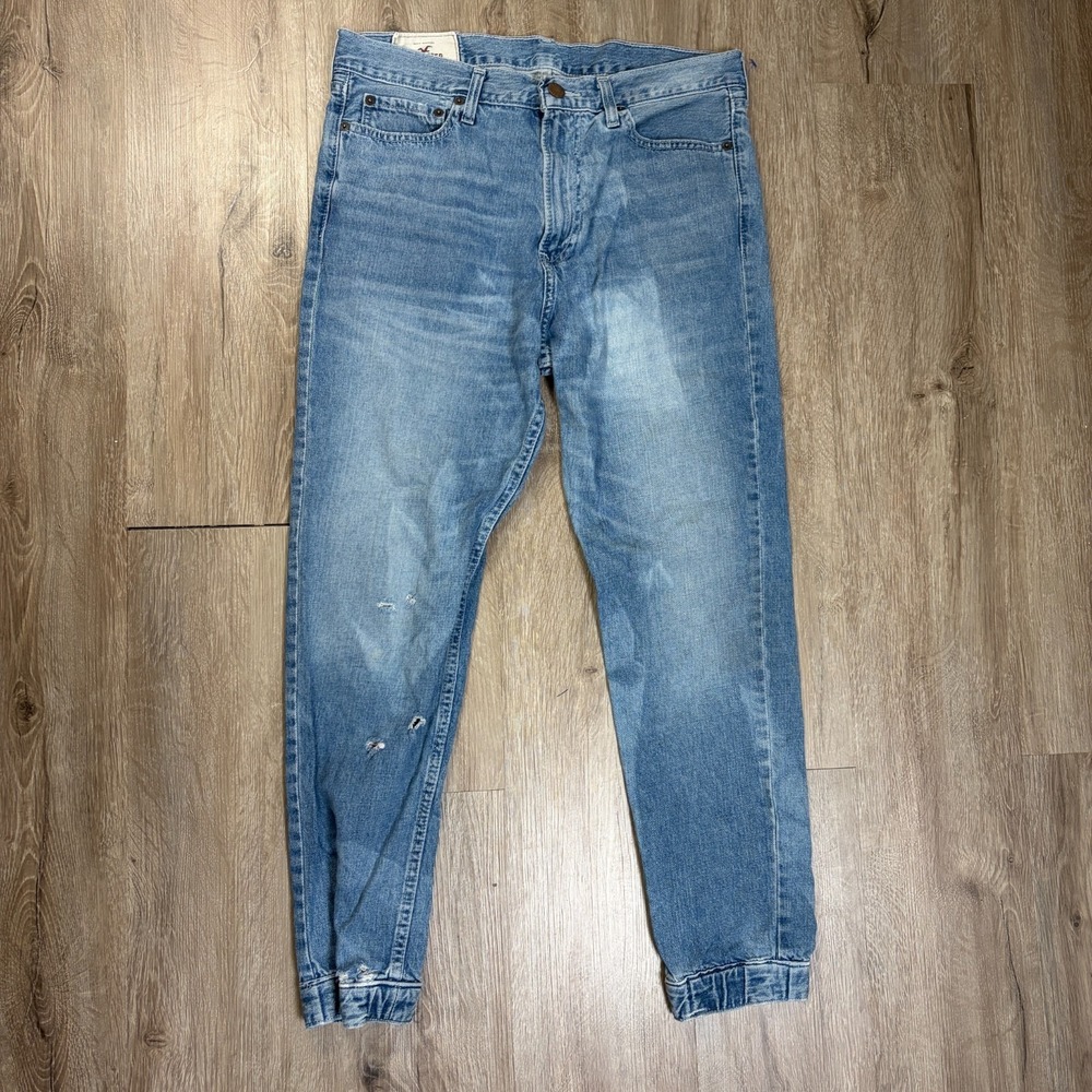 VTG Hollister Mens Jogger Pants Size 32 Denim Jeans 100% Cotton Distressed